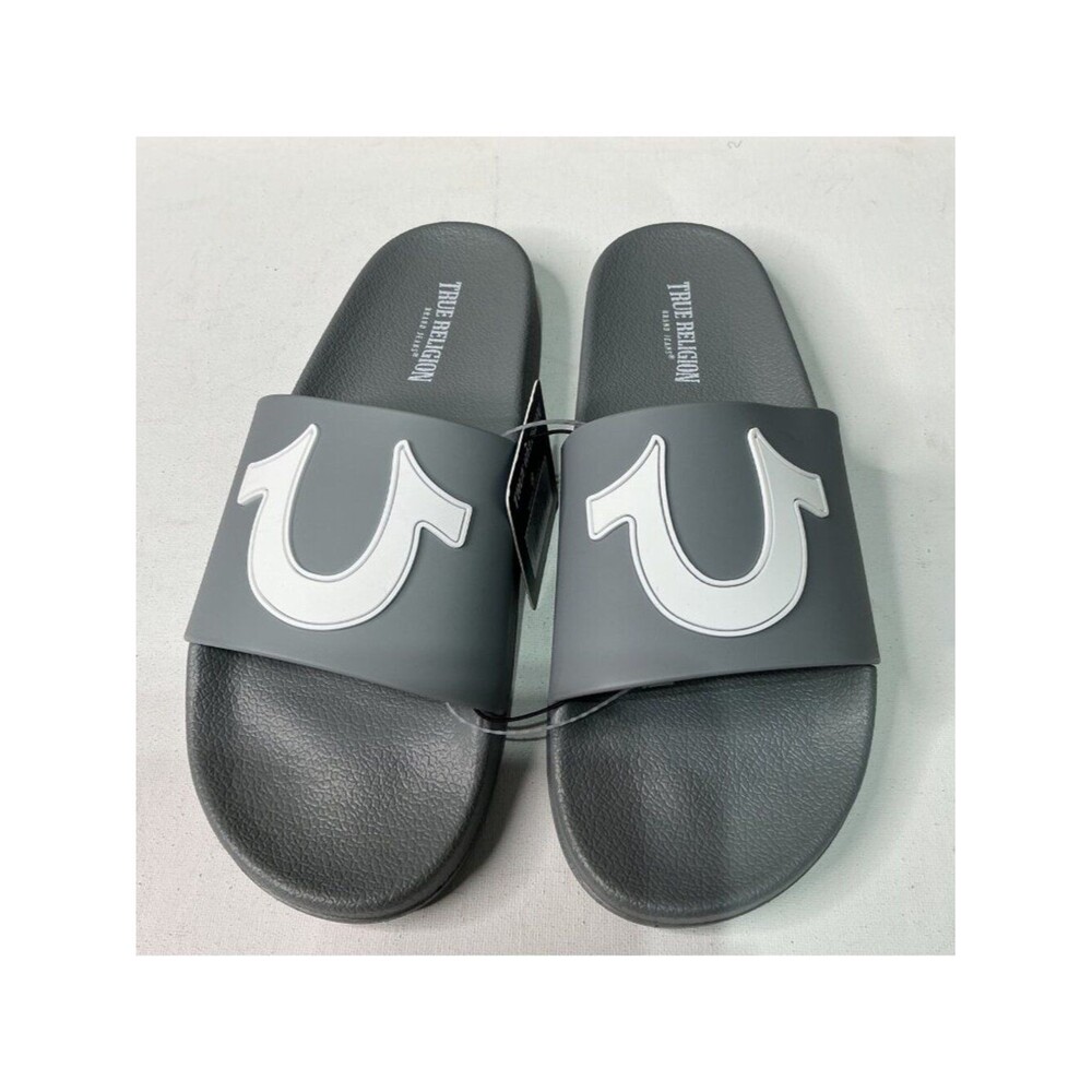 True Religion Men's Grey Logo Slides Size 8 Comfortable Casual Sandals